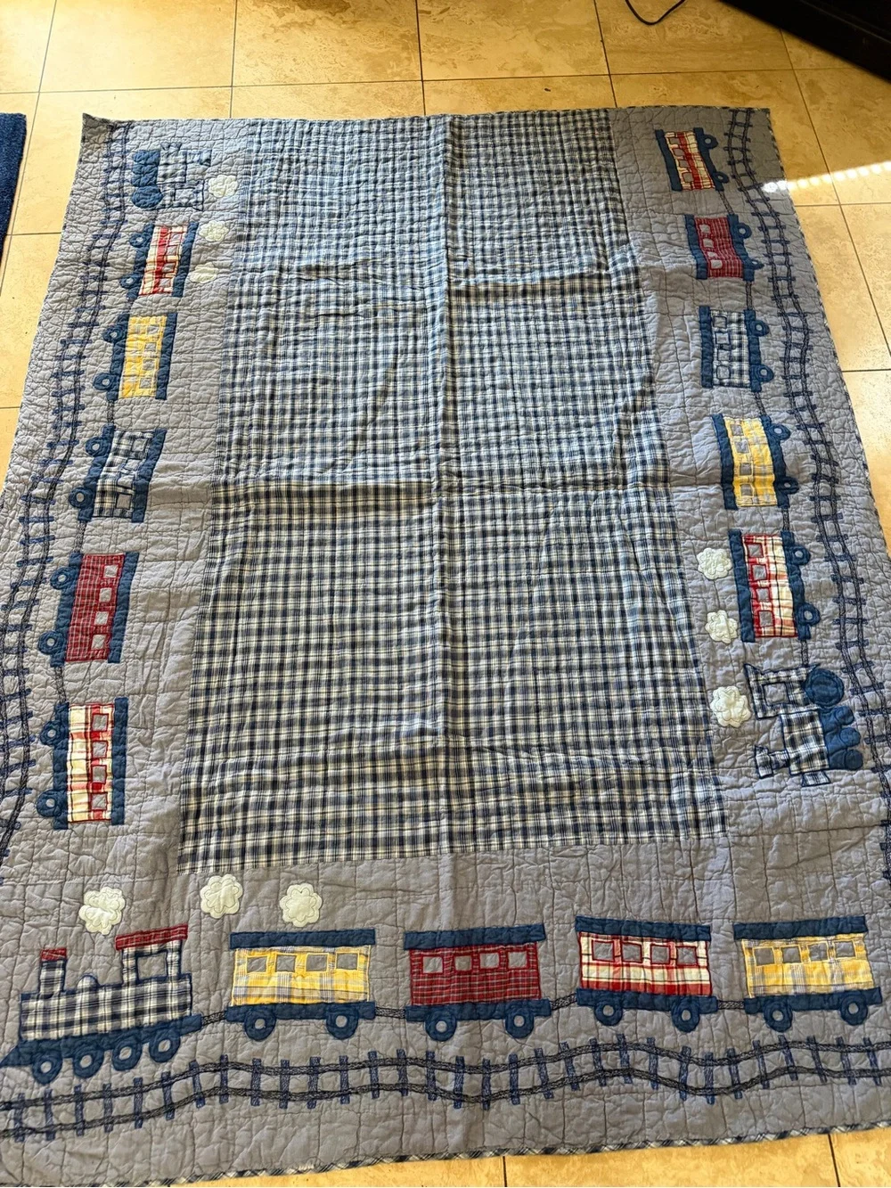 The Company Store CHOO-CHOO TRAINS Blue Red Plaid Chambray Kid Twin Quilt 83x63”